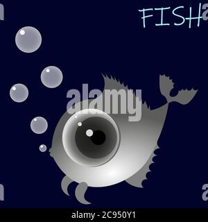 Art Cartoon Fisch mit großen Augen und Luftblasen auf Dunkelblauer Hintergrund Stock Vektor