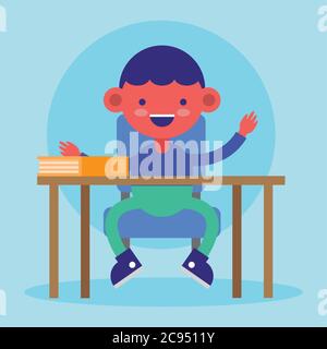 Kleiner Student Junge im Schreibtisch mit Buch Comic Charakter Vektor Illustration Design Stock Vektor