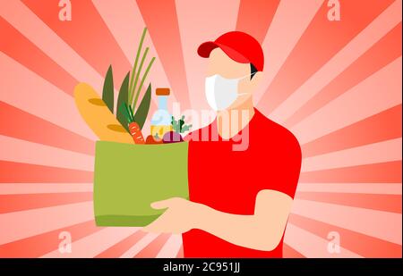 Delivery Mann hält eine Tasche mit Lebensmitteln, Gemüse, Brot und Wein, er trägt eine Gesichtsmaske, sichere Lieferung von Lebensmitteln zu Hause. Stock Vektor