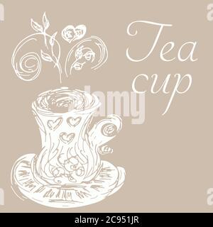 Handgezeichnete Illustration für Tee- oder Kaffeetassen in Gravurstil für Menü oder Café. Vector Arabische Kaffeetasse. Antiker arabischer Tee. Handgezeichneter Umriss-Doodle Stock Vektor