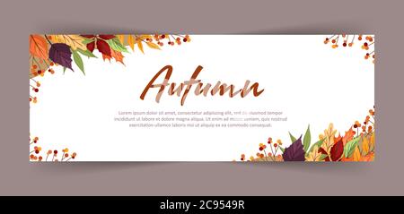 Banner mit bunten Herbst-Ahorn, Eberesche, Erle und Espenblätter und Äste. Webdesign. Vektorgrafik im flachen Stil. Stock Vektor