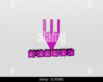 3D-Illustration von BLEISTIFT-Grafiken und Text von metallischen Würfel Buchstaben für die damit verbundenen Bedeutungen des Konzepts und Präsentationen. Hintergrund und Zeichnung Stockfoto