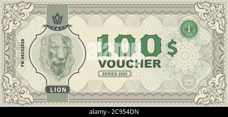 Vektor Geld Banknoten Illustration mit. Porträt des Löwen. Klassische Statue. Seite der Geldscheine. Gefälschtes Geld. Stock Vektor