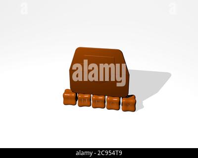 3D-Darstellung des Posteingangs mit Symbol an der Wand und Text angeordnet durch metallische kubische Buchstaben auf einem Spiegelboden für Konzept Bedeutung und Diashow-Präsentation. E-Mail und Illustration Stockfoto