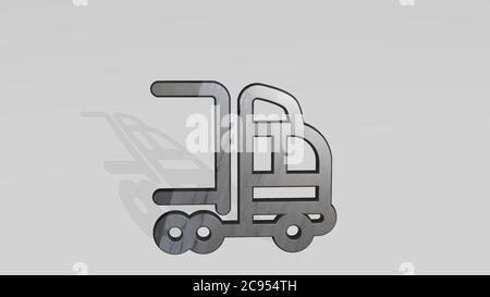 LKW-Ladung durch 3D-Illustration einer glänzenden metallischen Skulptur wirft Schatten auf hellen Hintergrund. Lieferung und Geschäft Stockfoto