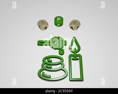 3D-Illustration von Spa-Grafiken und Text rund um das Symbol durch metallische Würfel Buchstaben für die damit verbundenen Bedeutungen des Konzepts und Präsentationen gemacht. Schönheit und Pflege Stockfoto