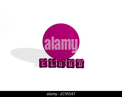 3D-Darstellung der Wolke mit Symbol an der Wand und Text angeordnet durch metallische kubische Buchstaben auf einem Spiegelboden für Konzept Bedeutung und Diashow-Präsentation. Hintergrund und blau Stockfoto