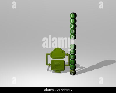 3D-Darstellung der CLOUD-CODIERUNG mit Symbol an der Wand und Text angeordnet durch metallische kubische Buchstaben auf einem Spiegelboden für Konzept Bedeutung und Diashow-Präsentation. Hintergrund und blau Stockfoto