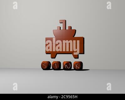 3D-Darstellung von WASCHBECKEN mit Symbol an der Wand und Text angeordnet durch metallische kubische Buchstaben auf einem Spiegelboden für Konzept Bedeutung und Diashow-Präsentation. Bad und Küche Stockfoto