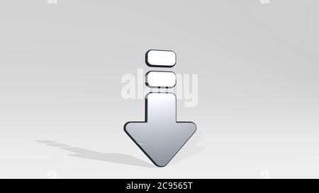 UPLOAD DASH PFEIL gemacht durch 3D-Illustration einer glänzenden Metallic-Skulptur Gießen Schatten auf hellen Hintergrund. Icon und Download Stockfoto