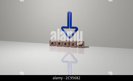 3D-Illustration von PFEIL Grafiken und Text von metallischen Würfel Buchstaben für die damit verbundenen Bedeutungen des Konzepts und Präsentationen. Hintergrund und Symbol Stockfoto