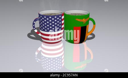 DIE Beziehungen ZWISCHEN DEN VEREINIGTEN STAATEN von AMERIKA UND SAMBIA werden durch Nationalflaggen über Kaffeetassen auf Spiegelboden als redaktionelles und kommerzielles Image dargestellt. 3D-Illustration Stockfoto