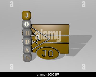 3D-Grafik-Bild von JORDANIEN vertikal zusammen mit Text um das Symbol von metallischen kubischen Buchstaben aus der oberen Perspektive gebaut. Ausgezeichnet für das Konzept Präsentation und Diashows. Alte und Stockfoto