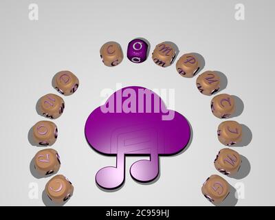 3D-Darstellung von CLOUD COMPUTING mit Symbol an der Wand und Text angeordnet durch metallische kubische Buchstaben auf einem Spiegelboden für Konzept Bedeutung und Diashow-Präsentation. Hintergrund und blau Stockfoto