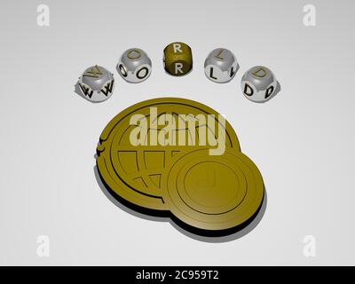 3D grafische Bild der WELT vertikal zusammen mit Text um das Symbol von metallischen kubischen Buchstaben aus der oberen Perspektive gebaut, hervorragend für das Konzept Präsentation und Diashows. Illustration Stockfoto