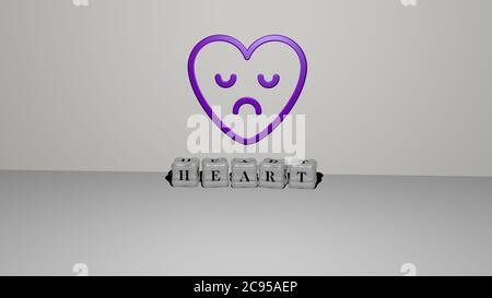 3D-Grafik-Bild des Herzens vertikal zusammen mit Text von metallischen kubischen Buchstaben aus der oberen Perspektive gebaut, ausgezeichnet für das Konzept Präsentation und Diashows. Illustration und Hintergrund Stockfoto