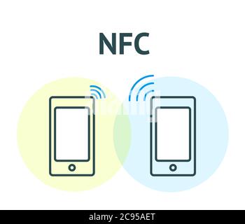 NFC-Technologiekonzept. Zwei Smartphones mit Funkwellen. Vektorgrafik isoliert auf weißem Hintergrund. Stock Vektor