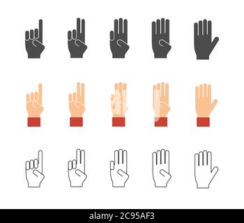 Vektorzählende Zeiger. Symbole für die Handbewegung mit Zahlen. Piktogramm schwarze Silhouette, flach und Umriss Stock Vektor