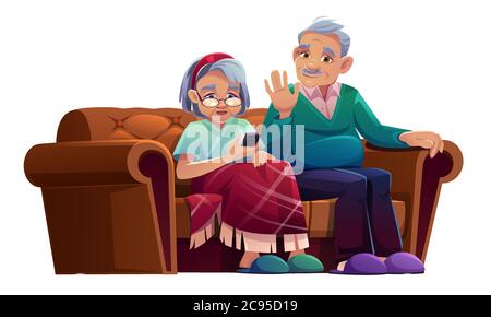 Ältere Männer und Frauen, die mit dem Mobiltelefon sprechen, sitzen im Pflegeheim auf der Couch. Alte Dame eingewickelt in kariert und im Alter grau behaart Rentner entspannen Sie sich auf dem Sofa Verwenden Sie Smartphone für Chat, Cartoon-Vektor-Illustration Stock Vektor