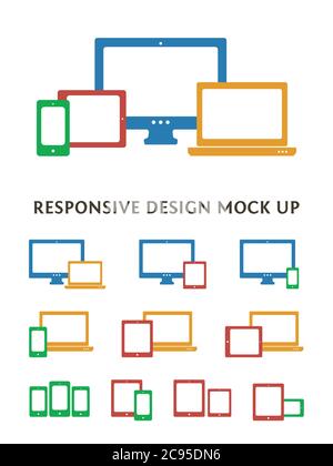 Symbole und Kombinationen für Smartphone, Desktop-Computer, Laptop und Tablet-PC. Flache Vektor responsive Web-Design-Symbole. Isoliert auf weißem Hintergrund Stock Vektor