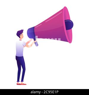 Kerl mit großen Megaphon flache Vektor-Illustration Stock Vektor
