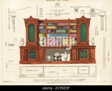 Bücherregal für eine Studie, Regency Stil.. Großer Schrank aus geschnitztem Holz mit Regalen für Mappen, Globen, Büsten, Vasen, Bücher und Papiere. Türen mit Glasfenstern und Vorhängen. Handkolorierter Kupferstich aus George Smiths The Cabinet-Maker und Upholsterers Guide, Jones and Co., London, 1828. George Smith war Polsterer und Möbelzeichner zu seiner Majestät (der Prinz von Wales, später König George IV), ca. 1786-1826. Stockfoto