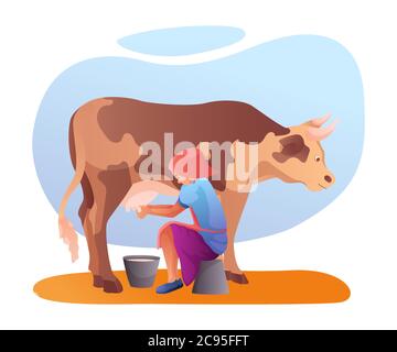 Landwirt Melkkuh flache Vektor-Illustration Stock Vektor
