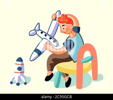 Junge spielt mit Flugzeug Spielzeug flache Illustration Stock Vektor