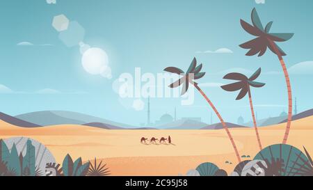 Karawane von Kamelen durch Wüste eid mubarak Grußkarte ramadan kareem Vorlage arabische Landschaft horizontale Vektor-Illustration Stock Vektor