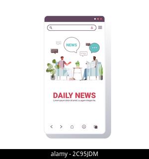 Freunde lesen Zeitung diskutieren tägliche Nachrichten während der Sitzung Chat Blase Kommunikation Konzept Mix Rennen Männer sitzen auf Sesseln Smartphone Bildschirm kopieren Raum Vektor Illustration Stock Vektor