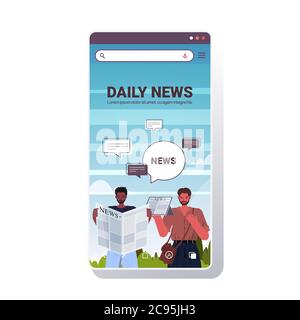 Freunde lesen und diskutieren tägliche Nachrichten während der Sitzung Chat Blase Kommunikation Konzept Mischung Männer zu Fuß Outdoor Smartphone Bildschirm Porträt kopieren Raum Vektor Illustration Stock Vektor