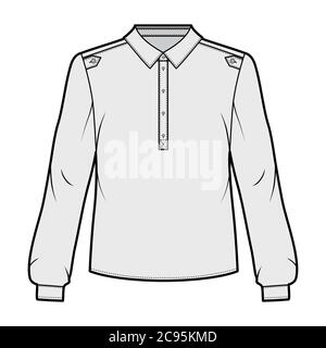 Henley Shirt technische Mode-Illustration mit Knopfleiste, Schulterklappen, klassischer Military-Stil, lange Ärmel. Flatbluse Bekleidung Vorlage vorne grau Farbe. Damen Herren Unisex Top Mockup Stock Vektor