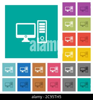 Desktop-Computer mehrfarbige flache Symbole auf einfachen quadratischen Hintergründen. Weiße und dunklere Symbolvarianten für schwebe- oder aktive Effekte. Stock Vektor