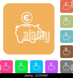 Euro Sparschwein flache Symbole auf abgerundeten quadratischen lebendige Farbe Hintergründe. Stock Vektor