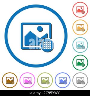 Bildfarbpalette flache Farbvektorsymbole mit Schatten in runden Umrissen auf weißem Hintergrund Stock Vektor