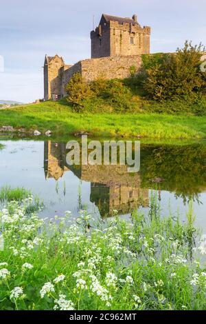 Der Sonnenaufgang auf dem Dunguaire Castle spiegelte sich in seinem Graben wider. County Galway, Connacht Provinz, Irland, Europa. Stockfoto