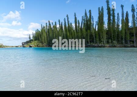 Schöne Meereslandschaft des natürlichen Schwimmbades der Oro Bay, Isle of Pines, Neukaledonien. Aquamarin durchscheinendes Wasser. Stockfoto