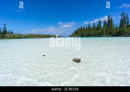 Schöne Meereslandschaft des natürlichen Schwimmbades der Oro Bay, Isle of Pines, Neukaledonien. Aquamarin durchscheinendes Wasser. Stockfoto