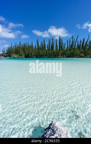 Schöne Meereslandschaft des natürlichen Schwimmbades der Oro Bay, Isle of Pines, Neukaledonien. Aquamarin durchscheinendes Wasser. Stockfoto