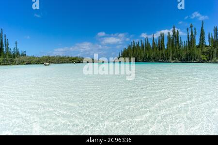 Schöne Meereslandschaft des natürlichen Schwimmbades der Oro Bay, Isle of Pines, Neukaledonien. Aquamarin durchscheinendes Wasser. Stockfoto
