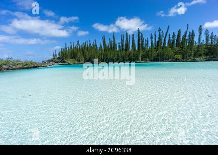 Schöne Meereslandschaft des natürlichen Schwimmbades der Oro Bay, Isle of Pines, Neukaledonien. Aquamarin durchscheinendes Wasser. Stockfoto