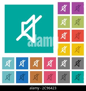 Mehrfarbige flache Symbole auf einfachen quadratischen Hintergründen stumm schalten. Weiße und dunklere Symbolvarianten für schwebe- oder aktive Effekte. Stock Vektor