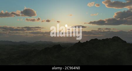 Bergpanorama über den Wolken Sonnenuntergang. Computergenerierte 3D-Illustration Stockfoto Bergpanorama über den Wolken Sonnenuntergang. Computergenerierte 3D-Illustration Stockfoto