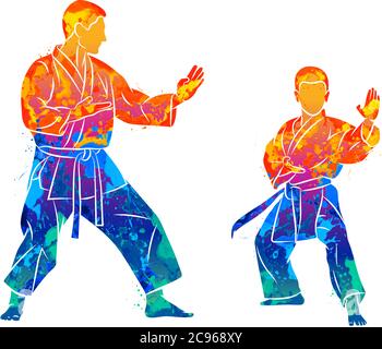 Abstrakter Trainer mit einem kleinen Jungen im Kimono Training Karate Auf weißem Hintergrund Stock Vektor