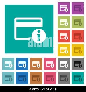 Kreditkarteninformationen mehrfarbige flache Symbole auf schlichten quadratischen Hintergründen. Weiße und dunklere Symbolvarianten für schwebe- oder aktive Effekte. Stock Vektor