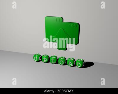 3D-Illustration von UPLOAD-Grafiken und Text von metallischen Würfel Buchstaben für die damit verbundenen Bedeutungen des Konzepts und Präsentationen gemacht. Icon und Download Stockfoto