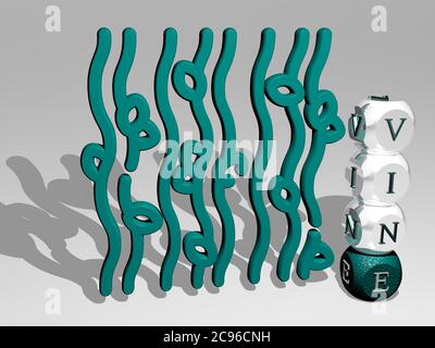 3D grafische Bild von Rebe vertikal zusammen mit Text um das Symbol von metallischen kubischen Buchstaben aus der oberen Perspektive gebaut. Ausgezeichnet für das Konzept Präsentation und Diashows. Hintergrund und Stockfoto