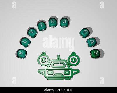 3D-Darstellung des fliegenden Autos mit Symbol an der Wand und Text angeordnet durch metallische kubische Buchstaben auf einem Spiegelboden für Konzept Bedeutung und Diashow-Präsentation. Illustration und Hintergrund Stockfoto