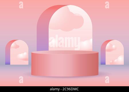 Leerer Zylinderständer mit Bögen und korallenrosa Himmel und Wolkenhintergrund. Stock Vektor