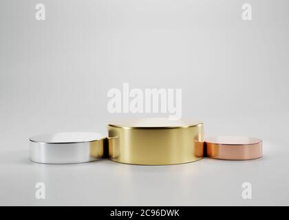3D-Illustration des Gewinners, zweiten, dritten Platz Bühne oder Produktstand. Realistisch, Vorlage, Mockup isoliert auf weißem Hintergrund. Hohe Qualität. Stockfoto